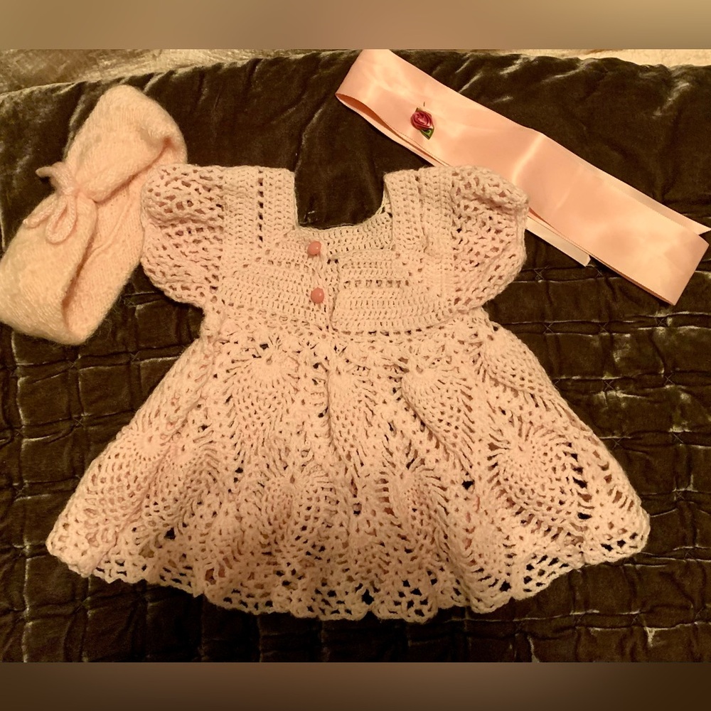 New-Handmade Beautiful Pink Crochet Dress Set for infant  girl. Headband inc.